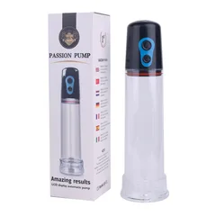 علبة كرتونية ملونة باسم PASSION PUMP وبجانبها الجهاز كاملًا